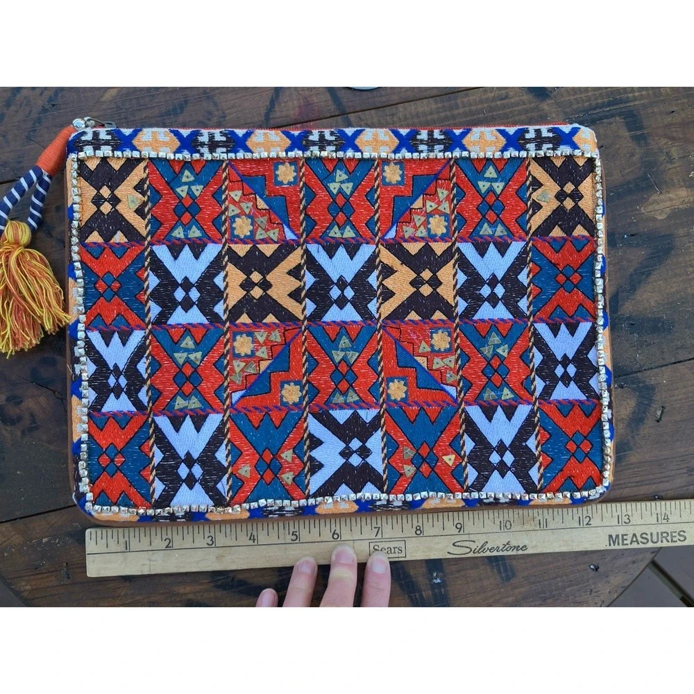 Steven Boho Embroidered Clutch Tribal Geometric Tassel Zip Pouch Bag Purse